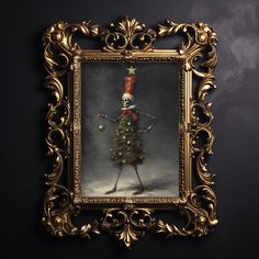 a painting of a skeleton dressed as a christmas tree in a gold frame on a wall