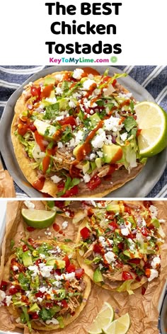 the best chicken tostadas are served on tortillas with lime wedges