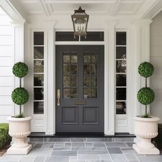 a front door with two planters on either side and a light fixture above it