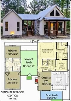 the floor plan for a small house with two bedroom and an attached porch, is shown