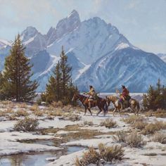 two men riding horses through the snow covered mountains