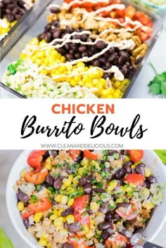 chicken burrito bowls with black beans, corn and tomatoes