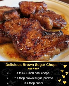 delicious brown sugar chops on a white plate with yellow hearts around the edges and text below that reads delicious brown sugar chops