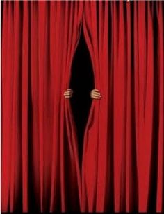 an open red curtain with two gold rings on it, in front of a black background