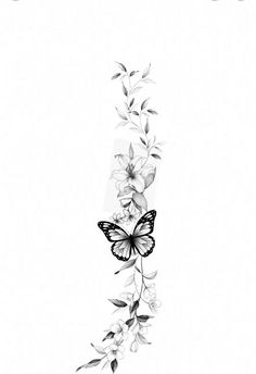 a black and white drawing of flowers with a butterfly on the bottom half of it