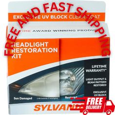 the headlight restoration kit is packaged in an orange package with white lettering on it