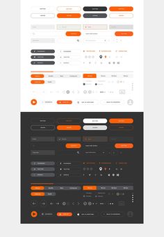 an orange and black webpage design with buttons, bars, and other elements on it