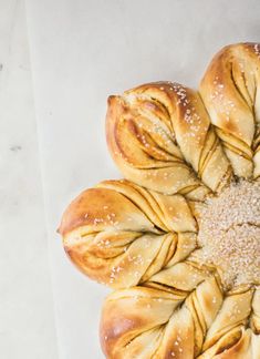 an overhead view of some breads on a table