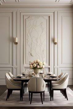 an elegant dining room with white walls and chairs