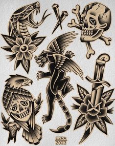 an assortment of tattoos with skulls and flowers