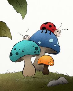 two ladybugs sitting on top of mushrooms in the grass