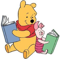 winnie the pooh and piglet reading a book with an open book on their lap