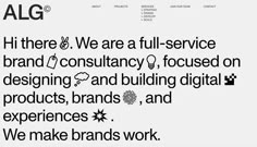 an image of a website page with the words'we make brands work'in black and white