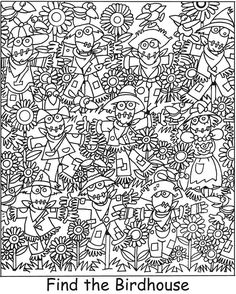 a black and white drawing with the words find the birdhouse