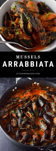 mussels in an orange sauce are being cooked in a pan with the words, mussels arabbata