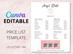 a price list with the words canva editable on it and pink marble background