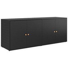 an outdoor storage cabinet with three doors and two drawers on each side, in black wicker