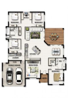 the floor plan for a house with two car garages and three bedroom, one living room