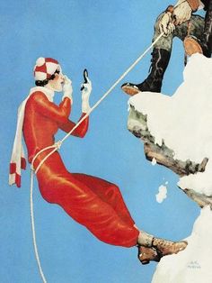 a painting of a woman on a rope with two men in the background and one man holding a cell phone to her ear