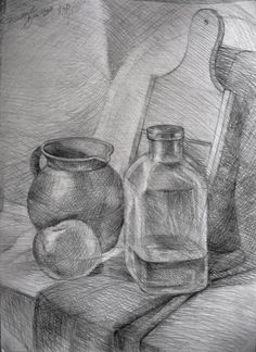 a pencil drawing of two jars and an orange on a table next to a vase