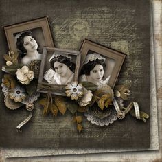 an old photo frame with three women in it and flowers around the edges, on top of a grungy background