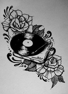 a drawing of a record player with roses on the side and an old school tattoo design