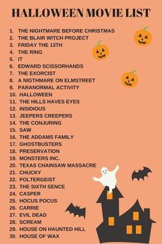 a halloween movie list with pumpkins and bats