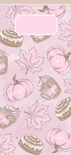 a pink background with leaves and cakes on it