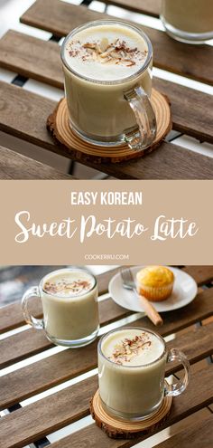 two cups of coffee sitting on top of a wooden table with text overlay that reads easy korean sweet potato latte