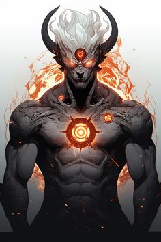 an image of a man with horns on his head and glowing eyes in front of him