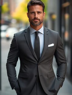 The perfect dark gray suit for any occasion. Visit our website today.   #SuitCentury #menssuitstyle #mensfashion #menssuits #mensstyle #suitstyle #suits #menstyle #suitup #menswear #suitandtie #men #dapperfashion #style #suitsformen #mensfashionblog #suited Dark Grey Mens Suit, Men Gray Suit Outfit, Dark Grey 3 Piece Suit Men, Dark Charcoal Grey Suit Men, Light Grey Suits Wedding, Classic Gray Single Button Suit, Elegant Gray Single-button Suit, Mens Work Outfits, Grey Tuxedo