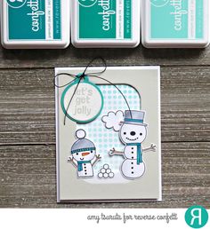 three cards with snowmen on them, one has a tag that says let's get jollyy