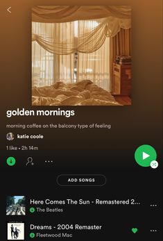 the screen is showing an image of a bed with curtains on it and text that reads golden mornings