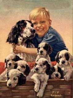 a painting of a boy with many puppies in his lap and smiling at the camera