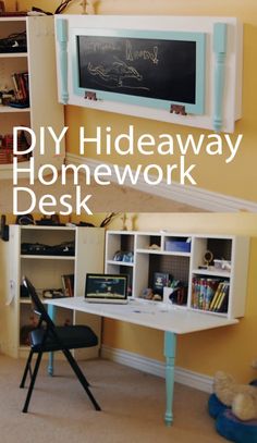 a desk with a chalkboard on the wall above it and below it is a bookcase that holds books