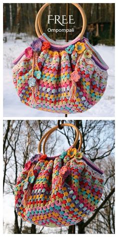 a crocheted purse hanging from a tree in the snow with text overlay that says free crochet companion bag