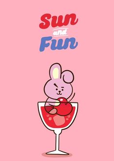 a cartoon mouse holding an apple in a wine glass with the words sun and fun on it