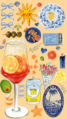 a painting of various types of food and drinks