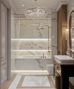 a bathroom with marble walls and flooring