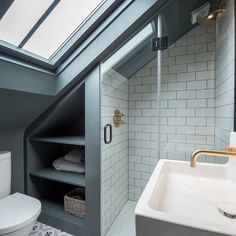 a white toilet sitting next to a bathroom sink under a skylight in a bathroom