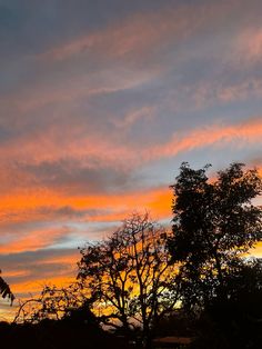 the sky is pink and orange as the sun sets in the distance behind some trees