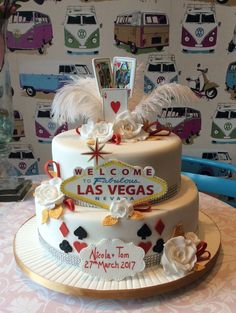 a las vegas themed wedding cake on a table