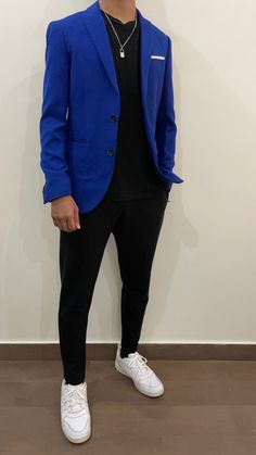 Blue Blazer Outfit Men Casual, Outfit Ideas Jean Jacket, Royal Blue Shirt Outfit, Blue Jacket Outfits Men, Blue Shirt Black Pants, Blue Denim Jacket Outfit, Navy Blue Blazer Outfit, Blue Blazer Outfit Men, Denim Jacket Outfit Ideas