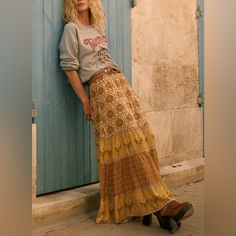 The Chteau Maxi Skirt In Champagne Arrives As If Plucked From A Provincial Day Dream. Adorned With Motifs Of An Ancient Garden, Peacocks And Blooms Dance In Smokey Golden Hues. Our Skirt Offers A Comfortable Shirred Waistband That Can Be Worn At The Waist Or At The Hip Depending On The Wearers Preference. We Recommend Pairing Our Skirt With Your Favourite Spell Tee And Boots To Complete Your Everyday Styling Or Wearing With Chteau Cami, Tan Mules And Fine Jewels For That Garden Soiree. - Crafted Ancient Garden, Garden Soiree, Tan Mules, Maxi Skirt Outfits, Estilo Hippie, Boho Skirts, Playsuit Romper, Hippie Outfits, Fine Jewels