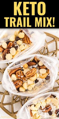 keto trail mix in plastic bags on top of a table with text overlay