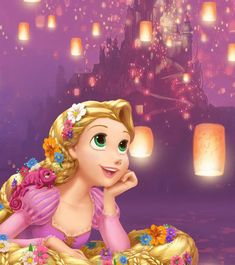 a princess sitting in front of a castle with lanterns floating above her and looking at the camera