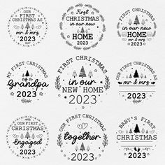 six christmas badges with the words merry and new year