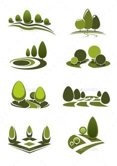 green trees and bushes in the shape of an abstract landscape, set of logos or emblems