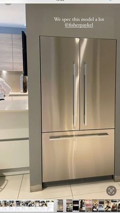 a stainless steel refrigerator sitting inside of a kitchen