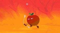 an apple running with a bow and arrow in its hand while the sky is red